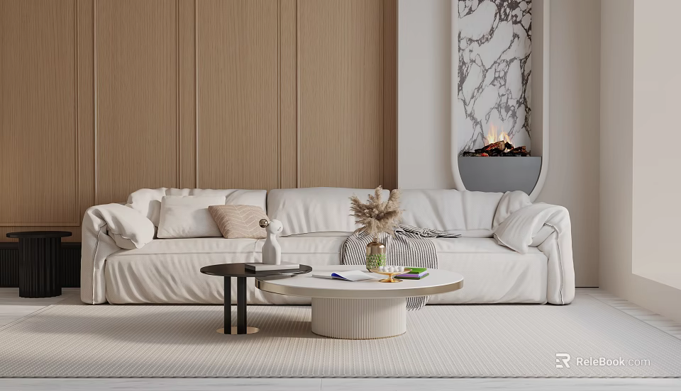 White Three-Seater Sofa With Throw Pillows And Coffee Tables By Wooden Wall And Marble Fireplace 3d model 