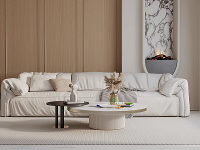 White Three-Seater Sofa With Throw Pillows And Coffee Tables By Wooden Wall And Marble Fireplace 3d model
