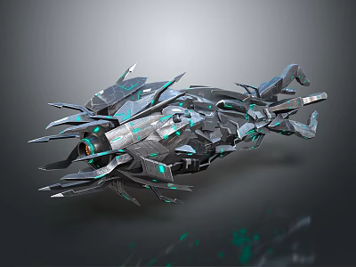 Futuristic Interstellar Spaceship With Metallic Structure Sharp Edges And Green Glowing Accents 3d model