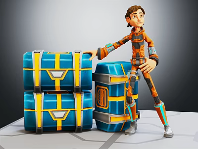 3D Character in Orange Blue Outfit with Creature Shaped Blue Yellow Striped Boxes 3d model