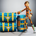 3D Character in Orange Blue Outfit with Creature Shaped Blue Yellow Striped Boxes
