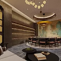 Elegant Modern Chinese Private Room With Round Dining Table Landscape Painting Sofa And Coffee Table
