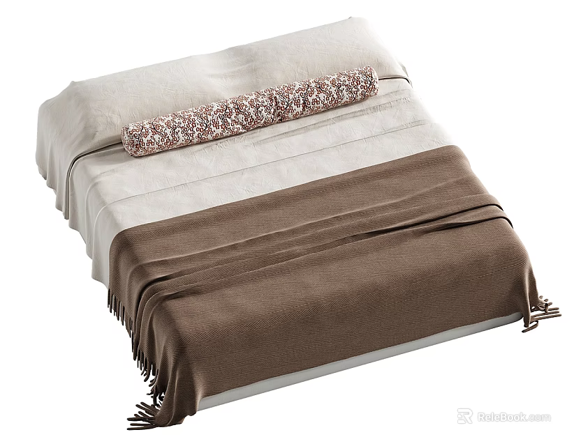 Cozy Double Bed Interior Design With White Linen Sheets And Brown Tasseled Blanket 3d model 