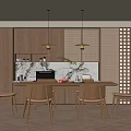 Modern Wooden Dining Room Interior With Dining Table Chairs Pendant Lights And Lattice Cabinet