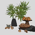 Delicious Bread and Walnuts on Wooden Tray with Green Plants Black Vase and Gray Cloth