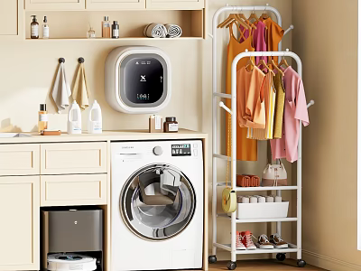Laundry Room Clothes Storage Rack With Hanging Clothes Shoes And Washing Machine 3d model