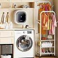 Laundry Room Clothes Storage Rack With Hanging Clothes Shoes And Washing Machine
