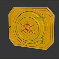 Golden Security Door With Octagonal Frame Round Lock Plate Red Accents And Glossy Surface