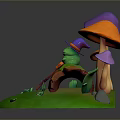 Cute Frog Sitting on Wooden Log Surrounded by Colorful Mushrooms Green Grass and Leaves