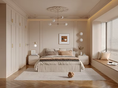 Minimalist Modern Bedroom Interior With Beige Tones Built-in Wardrobes Bedside Tables Chandelier And Window Seat 3d model