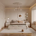 Minimalist Modern Bedroom Interior With Beige Tones Built-in Wardrobes Bedside Tables Chandelier And Window Seat