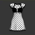 Stylish Black and White Polka Dot Dress with Black Collar Cuffs and Decorative Waistband