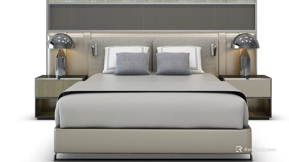 Modern Double Bed with Upholstered Headboard Nightstands Stylish Table Lamps and Gray Decorative Pillows 3d model 