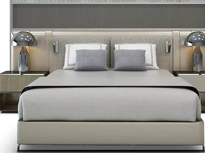 Modern Double Bed with Upholstered Headboard Nightstands Stylish Table Lamps and Gray Decorative Pillows 3d model