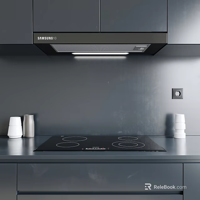 Modern Kitchen With Samsung Range Hood Electric Cooktop Black Countertop White Cups And Bottles 3d model 