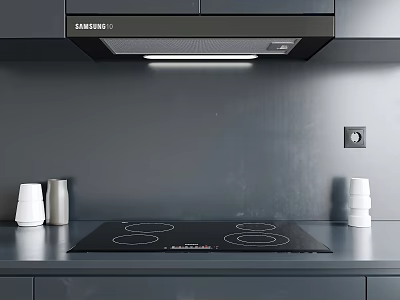 Modern Kitchen With Samsung Range Hood Electric Cooktop Black Countertop White Cups And Bottles 3d model