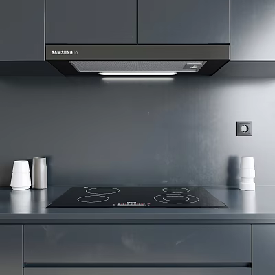 Modern Kitchen With Samsung Range Hood Electric Cooktop Black Countertop White Cups And Bottles 3d model