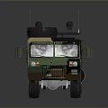 Camouflaged Military Tactical Transport Vehicle with Multiple Wheels Roof Antennas and Spare Tire