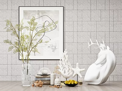 Modern Decorative Ornament Set with Abstract Art Plants Books Coral Starfish Fruit Bowl and Sculpture 3d model