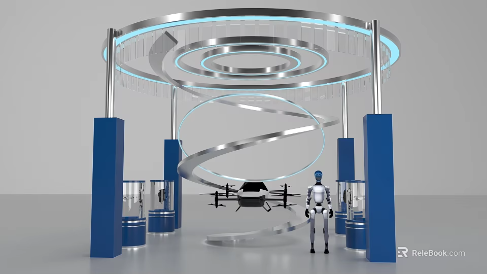 Futuristic Photo Spot With Circular Structure Blue Pillars Spiral Design Drone And Robot 3d model 
