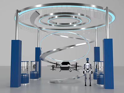 Futuristic Photo Spot With Circular Structure Blue Pillars Spiral Design Drone And Robot 3d model
