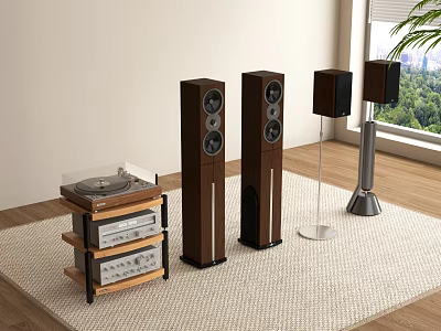Home Audio System Featuring Floor Standing Bookshelf Speakers Turntable And Wooden Cabinet 3d model