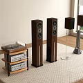 Home Audio System Featuring Floor Standing Bookshelf Speakers Turntable And Wooden Cabinet