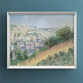 Oil Painting Of Coastal Landscape With Blue Sky White Clouds Green Cliff And Sailboats
