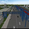 Modern Road Infrastructure Featuring Blue Steel Overpass Street Lamp Vehicles And Paved Walkway