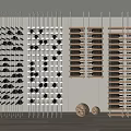 Modern Wine Cabinet Design With Hanging Metal Frames And Wooden Bottle Storage Shelves