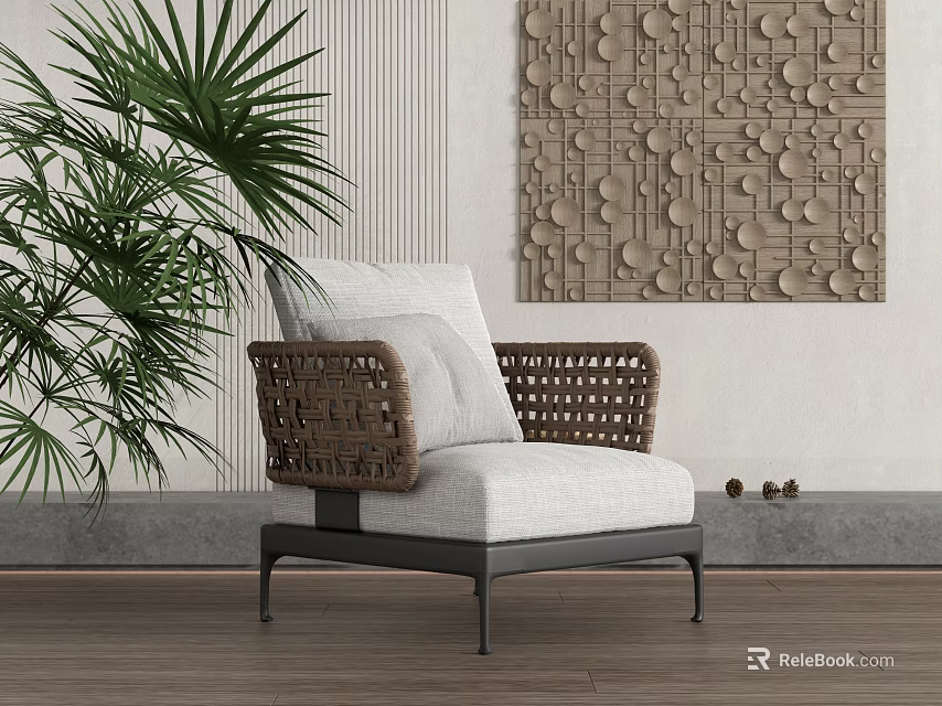 Modern Accent Chair With Woven Armrests White Cushion Metal Legs Plant And Decorative Wall Art 3d model 