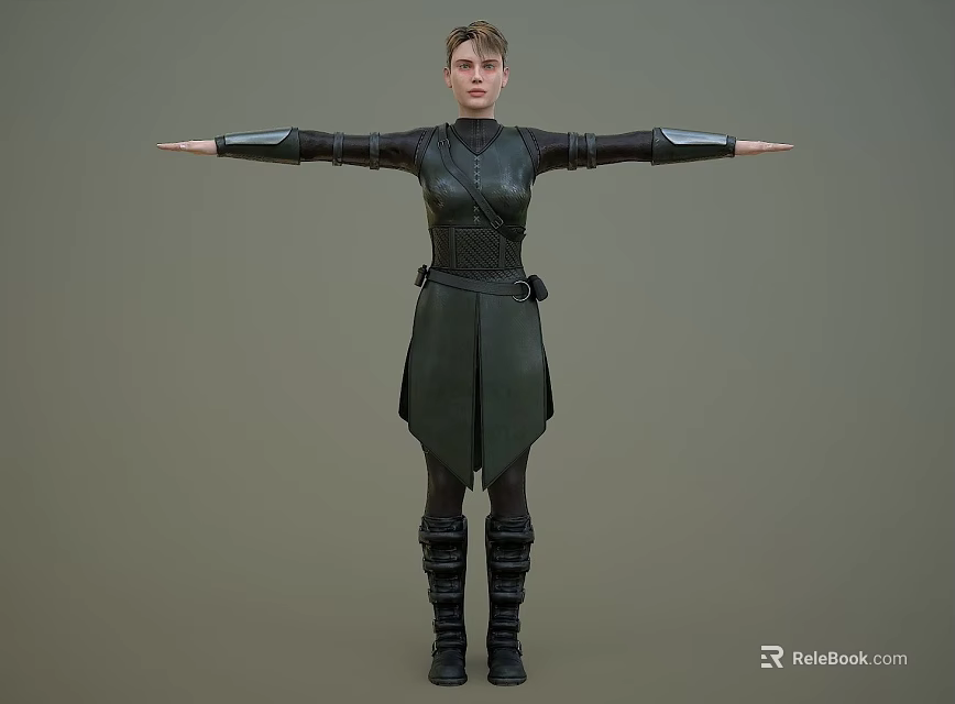 3D Character In Black Leather Outfit With Belt Boots And Outstretched Arms Pose 3d model 