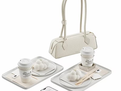 Delicious White Round Dumplings Served on Wooden Trays with Coffee Cups and Handbag 3d model