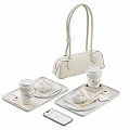 Delicious White Round Dumplings Served on Wooden Trays with Coffee Cups and Handbag