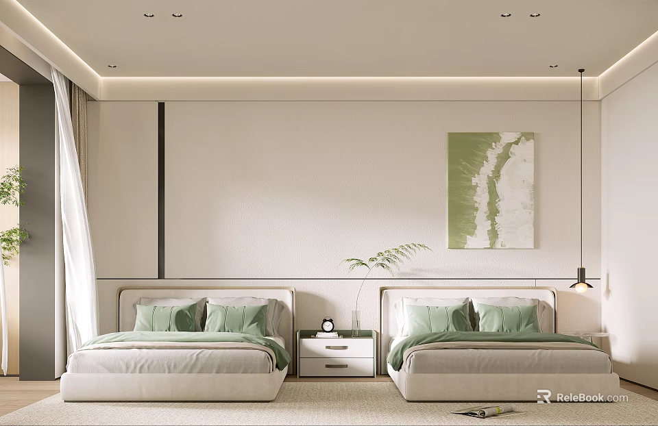 Modern Minimalist Kids Bedroom With Two Beds Green Accents And Art 3d model 
