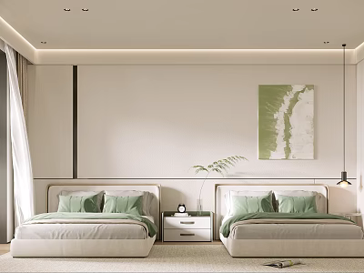 Modern Minimalist Kids Bedroom With Two Beds Green Accents And Art 3d model