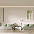 Modern Minimalist Kids Bedroom With Two Beds Green Accents And Art