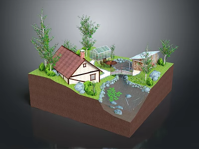 Cartoon Scene With House Red Roof White Walls Greenhouse Small Bridge Pond And Green Trees 3d model