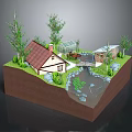Cartoon Scene With House Red Roof White Walls Greenhouse Small Bridge Pond And Green Trees
