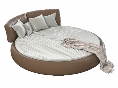 Round Bed With Brown Leather Headboard Gray Pillows And Blanket 3d model