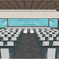 Modern Conference Room Interior With Large Screen Arranged Tables Chairs And Wooden Ceiling