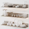 Dinnerware Set Display In Modern Kitchen On Wooden Shelf With Bowls Plates Cups Glasses