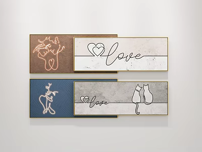 Decorative Wall Art With Line Art Heart Love And Cat Patterns 3d model