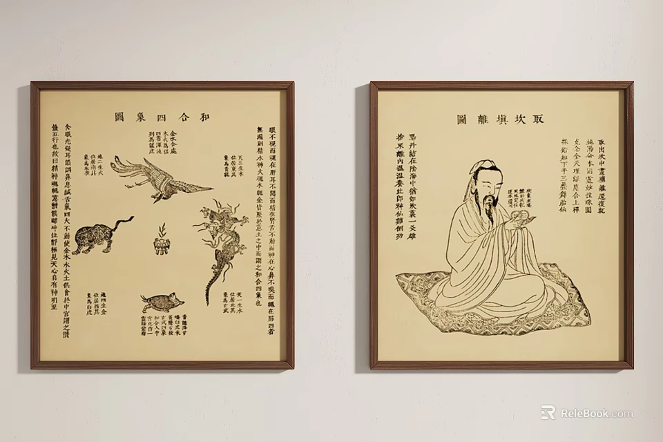 Chinese Traditional Wall Paintings With Calligraphy Figures And Animal Illustrations 3d model 