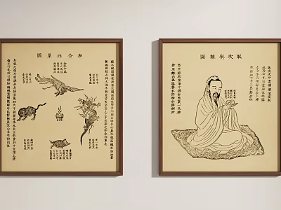 Chinese Traditional Wall Paintings With Calligraphy Figures And Animal Illustrations 3d model
