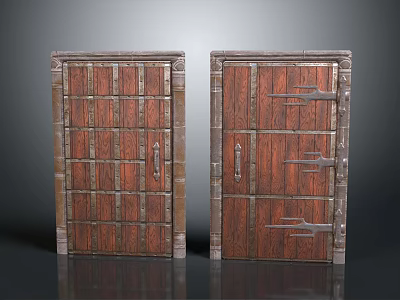 Pair of Vintage Wooden Doors With Carved Panels And Metal Hardware Details 3d model