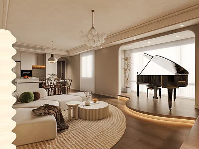 Modern Living Dining Room Interior With Sofa Round Coffee Table Rug Piano And Natural Light 3d model