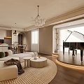 Modern Living Dining Room Interior With Sofa Round Coffee Table Rug Piano And Natural Light
