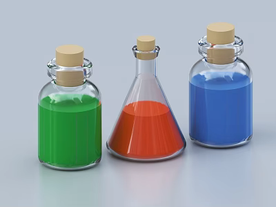 Industrial Laboratory Glass Equipment With Colored Liquid Bottles And Wooden Stoppers 3d model