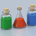 Industrial Laboratory Glass Equipment With Colored Liquid Bottles And Wooden Stoppers